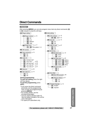 Page 43 
Useful Information
 
For assistance, please call: 1-800-211-PANA(7262) 
43 
Direct Commands 
After pressing  
[MENU] 
, you can also program menu items by direct commands ( 
[0]  
 
to  
[9] 
) instead of using the soft keys.
Handset
LCD contrast
Auto talk
Caller ID edit
Set tel line
Voice Mail
Ringer setting[1]
Ringer volume[1]
Ringer tone
V.M. access
Voice enhancer
Caller IQ
Intercom
Talk Caller ID
Initial setting
Change language
: Off 
: Low 
: Medium
: High
: English   
: Spanish
: tone pattern...