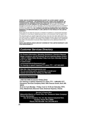 Page 58 
58 
THERE ARE NO EXPRESS WARRANTIES EXCEPT AS LISTED UNDER “LIMITED 
WARRANTY COVERAGE”. THE WARRANTOR IS NOT LIABLE FOR INCIDENTAL OR 
CONSEQUENTIAL DAMAGES RESULTING FROM THE USE OF THIS PRODUCT, OR 
ARISING OUT OF ANY BREACH OF THIS WARRANTY. 
 (As examples, this excludes 
damages for lost time, lost calls or messages, cost of having someone remove or re-install an 
installed unit if applicable, travel to and from the servicer. The items listed are not exclusive, 
but are for illustration only.)...