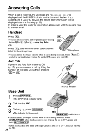 Page 2828
Base Unit
1
Press (SP-PHONE).
•The SP-PHONE indicator lights.
2
Talk into the MIC.
3
To hang up, press (SP-PHONE).
•The indicator light goes out.
•You can select the ringer volume while a call is being received. Press
(MUTE/RINGER)while the base unit is just ringing. To set to OFF, press and
hold (MUTE/RINGER).
•When the handset and base unit ringer volumes are set to OFF, they will not ring
(p. 18).
When a call is received, the unit rings and “Incoming call” is
displayed and the IN USE indicator on...