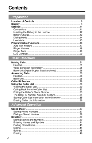 Page 4Contents
4
Preparation
Location of Controls...................................................................... 6
Display............................................................................................. 8
Settings...........................................................................................11
Connections ..................................................................................11
Installing the Battery in the Handset .............................................12...