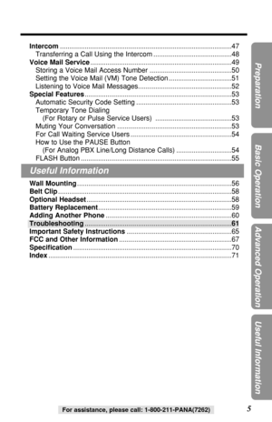 Page 5Intercom..........................................................................................47
Transferring a Call Using the Intercom .........................................48
Voice Mail Service..........................................................................49
Storing a Voice Mail Access Number ...........................................50
Setting the Voice Mail (VM) Tone Detection .................................51
Listening to Voice Mail...