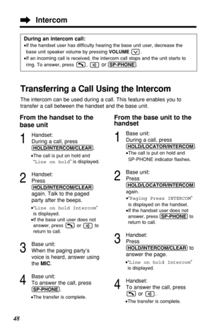 Page 4848
During an intercom call:
•If the handset user has difficulty hearing the base unit user, decrease the
base unit speaker volume by pressing VOLUME.
•If an incoming call is received, the intercom call stops and the unit starts to
ring. To answer, press ,
or (SP-PHONE).
Transferring a Call Using the Intercom
The intercom can be used during a call. This feature enables you to
transfer a call between the handset and the base unit.
From the handset to the
base unit
1
Handset:
During a call, press...