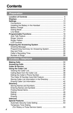 Page 4Contents
4
Preparation
Location of Controls...................................................................... 6
Displays........................................................................................... 9
Settings...........................................................................................13
Connections ..................................................................................13
Installing the Battery in the Handset .............................................14...