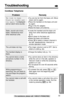 Page 7575
Useful Information
For assistance, please call: 1-800-211-PANA(7262)
Problem
“No link to base
Place on cradle and
try again.” is displayed
and an alarm tone sounds.
Static, sound cuts in/out,
fades. Interference from
other electrical units.
The unit does not ring.
The handset display is
blank.
You cannot store a name
and phone number in the
directory.
While programming or
searching, the unit starts to
ring and stops the program/
search.
You cannot make a call with
the handset.
Remedy
•You are too far...