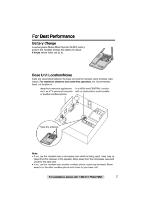 Page 3 
3 
For assistance, please call: 1-800-211-PANA(7262) 
For Best Performance 
Battery Charge 
A rechargeable Nickel-Metal Hydride (Ni-MH) battery 
powers the handset. Charge the battery for about  
6 hours 
 before initial use (p. 8).   
Base Unit Location/Noise 
Calls are transmitted between the base unit and the handset using wireless radio 
waves.  
For maximum distance and noise-free operation, 
 the recommended 
base unit location is:   
Note: 
• If you use the handset near a microwave oven which is...