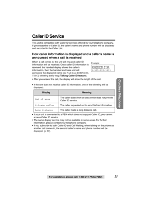 Page 25 
Cordless Telephone
 
For assistance, please call: 1-800-211-PANA(7262) 
25 
Caller ID Service 
This unit is compatible with Caller ID services offered by your telephone company.  
If you subscribe to Caller ID, the caller’s name and phone number will be displayed 
and recorded in the Caller List. 
How caller information is displayed and a caller’s name is 
announced when a call is received 
When a call comes in, the unit will ring and caller ID 
information will be received. Once caller ID information...