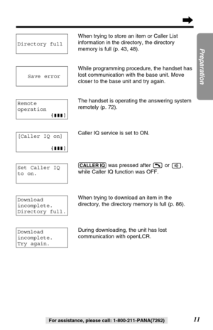 Page 1111
Preparation
For assistance, please call: 1-800-211-PANA(7262)
When trying to store an item or Caller List
information in the directory, the directory
memory is full (p. 43, 48).
While programming procedure, the handset has
lost communication with the base unit. Move
closer to the base unit and try again.
The handset is operating the answering system
remotely (p. 72).
Caller IQ service is set to ON.
(CALLER!IQ)was pressed after  or  ,
while Caller IQ function was OFF.
When trying to download an item in...