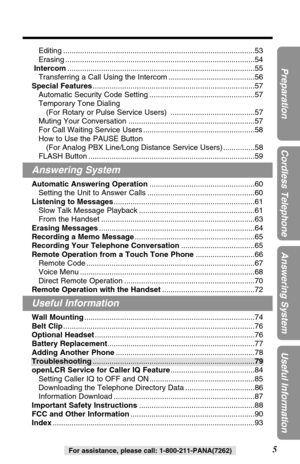 Page 55
Preparation
Cordless Telephone
Answering System
Useful Information
For assistance, please call: 1-800-211-PANA(7262)
Editing ...........................................................................................53
Erasing ..........................................................................................54
Intercom.........................................................................................55
Transferring a Call Using the Intercom .........................................56...