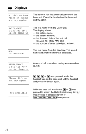 Page 1010
Displays
Please lift up
and try again.
The handset has lost communication with the
base unit. Place the handset on the base unit
and try again.
This is a name from the Caller List. 
The display shows:
— the caller’s name,
— the caller’s number,
— the time and date of the last call 
(ex. Jan. 10, 11:20 AM), and 
— the number of times called (ex. 3 times).
This is a name from the directory. The stored
name and phone number are displayed.
A second call is received during a conversation 
(p. 58).
Ö, Ñ,...