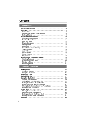 Page 4 
4 
Contents 
Location of Controls   . . . . . . . . . . . . . . . . . . . . . . . . . . . . . . . . . . . . .  6
Settings  . . . . . . . . . . . . . . . . . . . . . . . . . . . . . . . . . . . . . . . . . . . . . . . .  8 
Connections   . . . . . . . . . . . . . . . . . . . . . . . . . . . . . . . . . . . . . . . . . . .  8
Installing the Battery in the Handset  . . . . . . . . . . . . . . . . . . . . . . . . .  8
Battery Charge    . . . . . . . . . . . . . . . . . . . . . . . . . . . . . . . . . . . ....