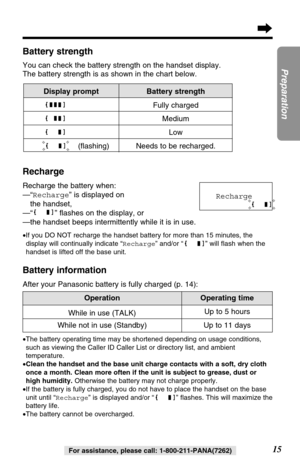 Page 15Recharge 
Recharge
Recharge the battery when:
—“Recharge” is displayed on 
the handset,
—“ ” ﬂashes on the display, or
—the handset beeps intermittently while it is in use.
•If you DO NOT recharge the handset battery for more than 15 minutes, the
display will continually indicate “Recharge” and/or “” will ﬂash when the
handset is lifted off the base unit.
Battery information
After your Panasonic battery is fully charged (p. 14):
(ﬂashing)Fully charged
Battery strengthDisplay prompt
15
Preparation
For...