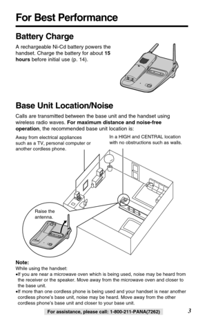 Page 33For assistance, please call: 1-800-211-PANA(7262)For assistance, please call: 1-800-211-PANA(7262)
For Best Performance
Battery Charge
A rechargeable Ni-Cd battery powers the
handset. Charge the battery for about 15
hoursbefore initial use (p. 14).
Base Unit Location/Noise
Calls are transmitted between the base unit and the handset using
wireless radio waves. For maximum distance and noise-free
operation, the recommended base unit location is:
Note:
While using the handset:
•If you are near a microwave...