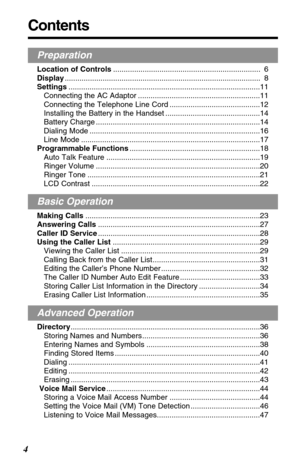 Page 4Contents
4
Preparation
Location of Controls...................................................................... 6
Display............................................................................................. 8
Settings...........................................................................................11
Connecting the AC Adaptor ..........................................................11
Connecting the Telephone Line Cord ...........................................12
Installing the...