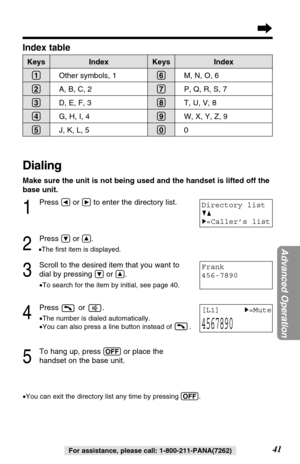 Page 4141For assistance, please call: 1-800-211-PANA(7262)
1
Press Üor áto enter the directory list.
2
Press Öor Ñ.
•The ﬁrst item is displayed.
3
Scroll to the desired item that you want to
dial by pressing 
Öor Ñ.
•To search for the item by initial, see page 40.
4
Press or .
•The number is dialed automatically.
•You can also press a line button instead of 
.
5
To hang up, press (OFF)or place the
handset on the base unit.
•You can exit the directory list any time by pressing (OFF).
Directory list
GF
H...