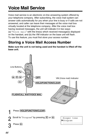 Page 44Voice mail service is an electronic on-line answering system offered by
your telephone company. After subscribing, the voice mail system can
answer calls automatically for you when your line is busy or if calls are not
answered, and caller can leave their messages at the voice mail box
virtually located at the telephone company. After the voice mail box
having received messages, the unit will indicate it in two ways: 
(a) “Voice mail” with the line(s) which received message(s) displayed
on the handset,...