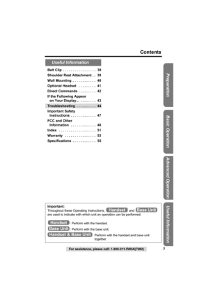 Page 5For assistance, please call: 1-800-211-PANA(7262)5
Contents
Preparation Useful InformationAdvanced Operation Basic OperationBelt Clip  . . . . . . . . . . . . . . . . .  39
Shoulder Rest Attachment . .  39
Wall Mounting  . . . . . . . . . . . .  40
Optional Headset   . . . . . . . . .  41
Direct Commands  . . . . . . . . .  42
If the Following Appear 
on Your Display...  . . . . . . . .  43
Troubleshooting  . . . . . . . . . .  44
Important Safety 
Instructions  . . . . . . . . . . . . .  47
FCC and...