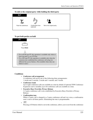 Page 225Station Features and Operation (PT/SLT)
User Manual225
To talk to the original party while holding the third party
To put both parties on hold
Conditions
Conference call arrangement
A conference call can be one of the following three arrangements:
1-inside and 2-outside; 2-inside and 1-outside; and 3-inside.
Conference trunk
Up to eight conference calls are available at a time by default. If optional TSW Conference 
Expansion card is installed, up to 64 conference calls are available at a time....