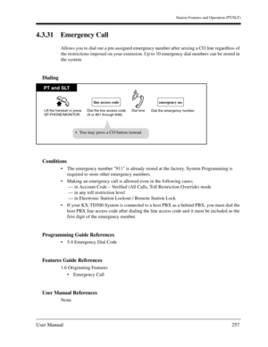 Page 257Station Features and Operation (PT/SLT)
User Manual257
4.3.31 Emergency Call
Allows you to dial out a pre-assigned emergency number after seizing a CO line regardless of 
the restrictions imposed on your extension. Up to 10 emergency dial numbers can be stored in 
the system.
Dialing
Conditions
The emergency number 911 is already stored at the factory. System Programming is 
required to store other emergency numbers.
Making an emergency call is allowed even in the following cases;
 — in Account Code –...