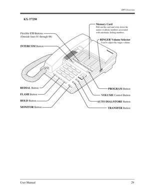 Page 29DPT Overview
User Manual29
KX-T7250
PROGRAM Button
VOLUME Control Button
AUTO DIAL/STORE Button
TRANSFER Button Flexible CO Buttons
(Outside lines 01 through 06)
INTERCOM Button
REDIAL Button
FLASH Button
HOLD Button
MONITOR Button
Memory Card
Pull out the card and write down the 
names or phone numbers associated 
with automatic dialing numbers.
RINGERONáááHIGHLOW
RINGER Volume Selector
Used to adjust the ringer volume. 