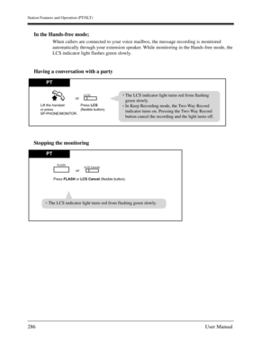 Page 286Station Features and Operation (PT/SLT)
286User Manual
In the Hands-free mode;
When callers are connected to your voice mailbox, the message recording is monitored 
automatically through your extension speaker. While monitoring in the Hands-free mode, the 
LCS indicator light flashes green slowly.
Having a conversation with a party
Stopping the monitoring
PT
Lift the handset
or press 
SP-PHONE/MONITOR.Press LCS 
(flexible button).
(LCS)orThe LCS indicator light turns red from flashing
green slowly.
In...