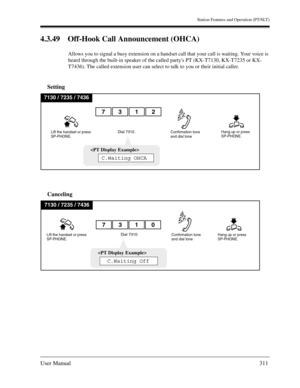 Page 311Station Features and Operation (PT/SLT)
User Manual311
4.3.49 Off-Hook Call Announcement (OHCA)
Allows you to signal a busy extension on a handset call that your call is waiting. Your voice is 
heard through the built-in speaker of the called partys PT (KX-T7130, KX-T7235 or KX-
T7436). The called extension user can select to talk to you or their initial caller.
Setting
Canceling
7130 / 7235 / 7436
Lift the handset or press 
SP-PHONE.Hang up or press 
SP-PHONE.Confirmation tone 
and dial toneDial 7312....