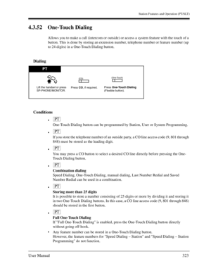 Page 323Station Features and Operation (PT/SLT)
User Manual323
4.3.52 One-Touch Dialing
Allows you to make a call (intercom or outside) or access a system feature with the touch of a 
button. This is done by storing an extension number, telephone number or feature number (up 
to 24 digits) in a One-Touch Dialing button.
Dialing
Conditions

One-Touch Dialing button can be programmed by Station, User or System Programming.

If you store the telephone number of an outside party, a CO line access code (9, 801...