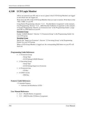 Page 392Station Features and Operation (PT/SLT)
392User Manual
4.3.80 UCD Login Monitor
Allows an extension user (PT only) to see at a glance which UCD Group Members are logged 
in and which ones are logged out.
Write down the DNs of the UCD Group Members that you want to monitor. Write them on the 
TEL CARD of your PT.
Using Station Programming , 
User Programming  
or System Programming , assign 
each DN to a DSS button on your PT.
Extension Group
Enable LOGIN Monitor  for 
your UCD group.
Incoming Group...