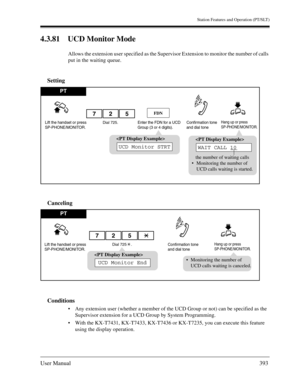 Page 393Station Features and Operation (PT/SLT)
User Manual393
4.3.81 UCD Monitor Mode
Allows the extension user specified as the Supervisor Extension to monitor the number of calls 
put in the waiting queue.
Setting
Canceling
Conditions
Any extension user (whether a member of the UCD Group or not) can be specified as the 
Supervisor extension for a UCD Group by System Programming.
With the KX-T7431, KX-T7433, KX-T7436 or KX-T7235, you can execute this feature 
using the display operation.
PT
Lift the handset...