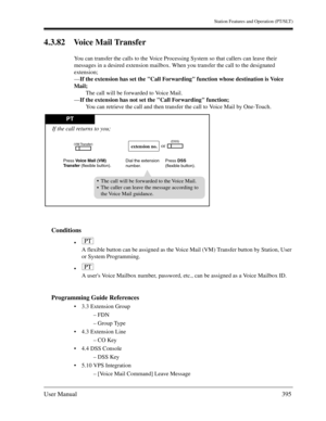 Page 395Station Features and Operation (PT/SLT)
User Manual395
4.3.82 Voice Mail Transfer
You can transfer the calls to the Voice Processing System so that callers can leave their 
messages in a desired extension mailbox. When you transfer the call to the designated 
extension;
—If the extension has set the Call Forwarding function whose destination is Voice 
Mail; 
The call will be forwarded to Voice Mail.
—If the extension has not set the Call Forwarding function;
You can retrieve the call and then transfer...