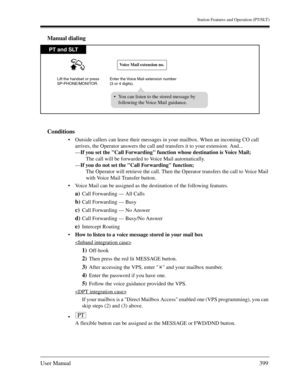 Page 399Station Features and Operation (PT/SLT)
User Manual399
Manual dialing
Conditions
Outside callers can leave their messages in your mailbox. When an incoming CO call 
arrives, the Operator answers the call and transfers it to your extension. And...
—If you set the Call Forwarding function whose destination is Voice Mail;
The call will be forwarded to Voice Mail automatically.
—If you do not set the Call Forwarding function;
The Operator will retrieve the call. Then the Operator transfers the call to Voice...