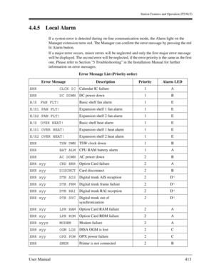 Page 413Station Features and Operation (PT/SLT)
User Manual413
4.4.5 Local Alarm
If a system error is detected during on-line communication mode, the Alarm light on the 
Manager extension turns red. The Manager can confirm the error message by pressing the red 
lit Alarm button.
If a major error occurs, minor errors will be neglected and only the first major error message 
will be displayed. The second error will be neglected, if the error priority is the same as the first 
one. Please refer to Section 5...