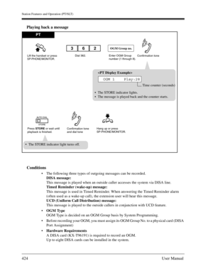 Page 424Station Features and Operation (PT/SLT)
424User Manual
Playing back a message
Conditions
The following three types of outgoing messages can be recorded.
DISA message:
This message is played when an outside caller accesses the system via DISA line.
Timed Reminder (wake-up) message: 
This message is used in Timed Reminder. When answering the Timed Reminder alarm 
(often used as a wake-up call), the extension user will hear this message.
UCD (Uniform Call Distribution) message:
This message is played to...