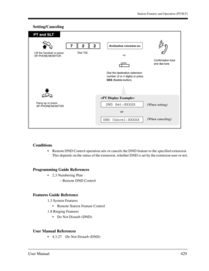 Page 429Station Features and Operation (PT/SLT)
User Manual429
Setting/Canceling
Conditions
Remote DND Control operation sets or cancels the DND feature to the specified extension. 
This depends on the status of the extension, whether DND is set by the extension user or not.
Programming Guide References
2.3 Numbering Plan
– Remote DND Control
Features Guide Reference
1.3 System Features
Remote Station Feature Control
1.8 Ringing Features
Do Not Disturb (DND)
User Manual References
4.3.27 Do Not Disturb...