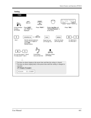 Page 441Station Features and Operation (PT/SLT)
User Manual441
Setting
Lift the handset 
or press 
SP-PHONE.
Dial the desired extension 
number (3 or 4 digits) or 
press DSS 
(flexible button).
Hang up or press 
SP-PHONE.
Enter the minute 
(00 through 59).
hourminute
For AM: Dial 0. 
For PM: Dial 1.
For one time alarm*
1: Dial 0. 
For daily alarm*2: Dial 1.
or
Confirmation 
tone and dial tone
extension no.
Enter the hour 
(01 through 12).
or
10
or1
Dial 1.
10
(DSS)
7433
Press SHIFT
until “FEAT” is...