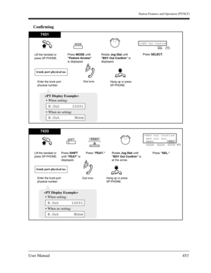 Page 453Station Features and Operation (PT/SLT)
User Manual453
Confirming
Lift the handset or
press SP-PHONE.
Hang up or press
SP-PHONE.
trunk port physical no.
Enter the trunk port
physical number.
Press SELECT.
Press MODE until
Feature Access
is displayed.Rotate Jog Dialuntil
BSY Out Confirm is
displayed.
MODEBSY Out Confirm→SELECT
MODE
7431

B.Out      None
B.Out     10201
 When setting:
 When no setting:
Dial tone
Lift the handset or
press SP-PHONE.
Hang up or press
SP-PHONE.
trunk port physical no.
Enter...