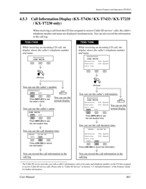 Page 461Station Features and Operation (PT/SLT)
User Manual461
4.5.3 Call Information Display (KX-T7436 / KX-T7433 / KX-T7235 
/ KX-T7230 only)
When receiving a call from the CO line assigned to receive Caller ID service*1 calls, the callers 
telephone number and name are displayed simultaneously. You can also record the information 
in the call log.
*1The Caller ID service provides you with a callers information, such as his name and telephone number, on the CO line assigned 
to receive Caller ID service calls....