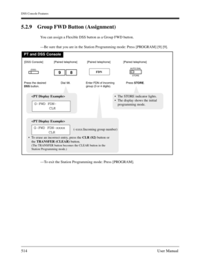 Page 514DSS Console Features
514User Manual
5.2.9 Group FWD Button (Assignment)
You can assign a Flexible DSS button as a Group FWD button.
—Be sure that you are in the Station Programming mode: Press [PROGRAM] [9] [9].
—To exit the Station Programming mode: Press [PROGRAM].
PT and DSS Console
Dial 98. Enter FDN of Incoming 
group (3 or 4 digits).
FDN
Press the desired
DSSbutton.
(DSS)
[DSS Console][Paired telephone]
Press STORE.
AUTO DIAL
STORE
[Paired telephone][Paired telephone]


(-xxxx:Incoming group...