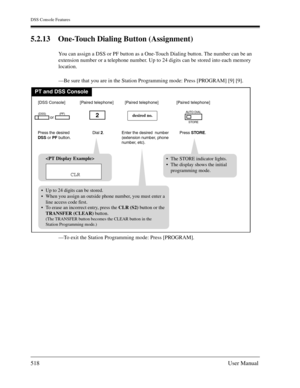 Page 518DSS Console Features
518User Manual
5.2.13 One-Touch Dialing Button (Assignment)
You can assign a DSS or PF button as a One-Touch Dialing button. The number can be an 
extension number or a telephone number. Up to 24 digits can be stored into each memory 
location.
—Be sure that you are in the Station Programming mode: Press [PROGRAM] [9] [9].
—To exit the Station Programming mode: Press [PROGRAM].
PT and DSS Console
Dial 2. Enter the desired  number
(extension number, phone
number, etc).
2desired no....