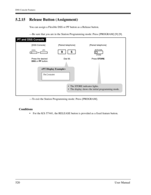 Page 520DSS Console Features
520User Manual
5.2.15 Release Button (Assignment)
You can assign a Flexible DSS or PF button as a Release button.
—Be sure that you are in the Station Programming mode: Press [PROGRAM] [9] [9].
—To exit the Station Programming mode: Press [PROGRAM].
Conditions
For the KX-T7441, the RELEASE button is provided as a fixed feature button.
PT and DSS Console
Dial 95.
95
Press the desired
DSS or PF button.
[DSS Console] [Paired telephone]
Press STORE.
AUTO DIAL
STORE
[Paired telephone]...