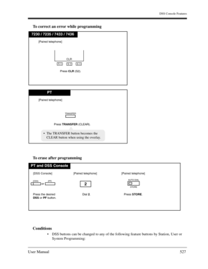 Page 527DSS Console Features
User Manual527
To correct an error while programming
To erase after programming
Conditions
DSS buttons can be changed to any of the following feature buttons by Station, User or 
System Programming:
7230 / 7235 / 7433 / 7436
Press CLR (S2).
S 1
S 2 CLR
S 3
[Paired telephone]
PT
Press TRANSFER (CLEAR).
TRANSFER
[Paired telephone]
The TRANSFER button becomes the
CLEAR button when using the overlay.
PT and DSS Console
Dial 2. Press the desired
DSSor PFbutton.
(PF)
[DSS Console]...