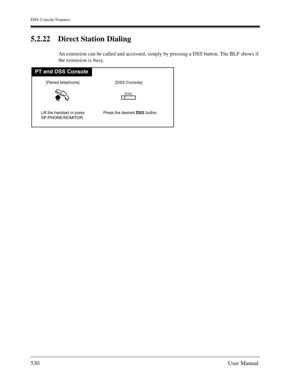 Page 530DSS Console Features
530User Manual
5.2.22 Direct Station Dialing
An extension can be called and accessed, simply by pressing a DSS button. The BLF shows if 
the extension is busy.
PT and DSS Console
Lift the handset or press
SP-PHONE/NOMITOR.Press the desired DSS button.
[DSS Console] [Paired telephone]
(DSS) 