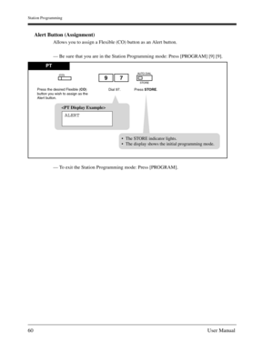 Page 60Station Programming
60User Manual
Alert Button (Assignment)
Allows you to assign a Flexible (CO) button as an Alert button.
— Be sure that you are in the Station Programming mode: Press [PROGRAM] [9] [9].
— To exit the Station Programming mode: Press [PROGRAM].
PT
Press the desired Flexible (CO) 
button you wish to assign as the
Alert button.Dial 97.
(CO)
Press STORE.
AUTO DIAL
STORE97
The STORE indicator lights.
The display shows the initial programming mode. 
ALERT 