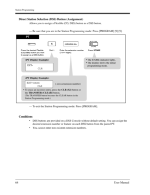 Page 64Station Programming
64User Manual
Direct Station Selection (DSS) Button (Assignment)
Allows you to assign a Flexible (CO, DSS) button as a DSS button.
— Be sure that you are in the Station Programming mode: Press [PROGRAM] [9] [9].
— To exit the Station Programming mode: Press [PROGRAM].
Conditions
DSS buttons are provided on a DSS Console without default setting. You can assign the 
desired extension number or feature on each DSS button from the paired PT.
You cannot enter non-existent extension...
