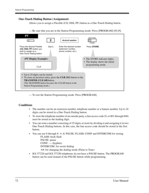 Page 72Station Programming
72User Manual
One-Touch Dialing Button (Assignment)
Allows you to assign a Flexible (CO, DSS, PF) button as a One-Touch Dialing button.
— Be sure that you are in the Station Programming mode: Press [PROGRAM] [9] [9].
— To exit the Station Programming mode: Press [PROGRAM].
Conditions
The number can be an extension number, telephone number or a feature number. Up to 24 
digits can be stored in a One-Touch Dialing button.
To store the telephone number of an outside party, a line...