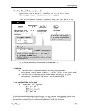 Page 79Station Programming
User Manual79
Two-Way Record Button (Assignment)*1
Allows you to assign a Flexible (CO, DSS) button as a Two-Way Record button.
This allows you to record a conversation into your own mailbox.
— Be sure that you are in the Station Programming mode: Press [PROGRAM] [9] [9].
— To exit the Station Programming mode: Press [PROGRAM].
Conditions
You cannot enter a non-existent extension or floating directory number.*2
Please refer to Floating Station of Section 1.3 System Features in the...