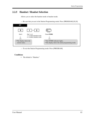 Page 83Station Programming
User Manual83
2.2.5 Handset / Headset Selection
Allows you to select the handset mode or headset mode.
— Be sure that you are in the Station Programming mode: Press [PROGRAM] [9] [9].
— To exit the Station Programming mode: Press [PROGRAM].
Conditions
The default is Handset.
PT
Dial 9.Press STORE.
or
Dial 1 or 2.
1 : to select Handset mode
2 : to select Headset mode
129
AUTO DIAL
STORE
The STORE indicator lights.
The display shows the initial programming mode. The display shows the...