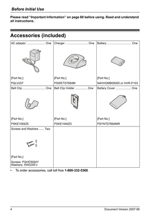 Page 4Before Initial Use
4Document Version 2007-06  
Please read “Important Information” on page 60 before using. Read and understand 
all instructions.
Acc ess ories  (include d)
• To order accessories, call toll free 1-800-332-5368.
Accessories (included)
AC adaptor ....................... One Charger ............................ One Battery .............................. One
[Part No.] [Part No.] [Part No.]
PQLV207 PSWETD7684M N4HHGMB00005 or HHR-P103
Belt Clip ............................ One Belt Clip...