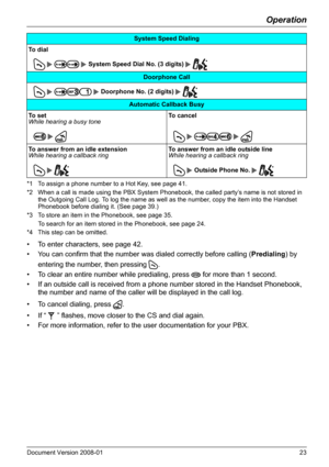 Page 23Operation
Document Version 2008-01   23
*1 To assign a phone number to a Hot Key, see page 41.
*2 When a call is made using the PBX System Phonebook, the called party’s name is not stored in 
the Outgoing Call Log. To log the name as well as the number, copy the item into the Handset 
Phonebook before dialing it. (See page 39.)
*3 To store an item in the Phonebook, see page 35.
To search for an item stored in the Phonebook, see page 24.
*4 This step can be omitted.
• To enter characters, see page 42.
•...