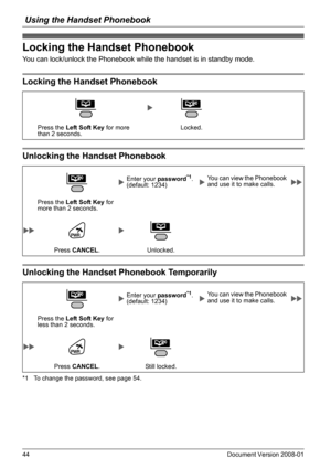 Page 44Using the Handset Phonebook
44 Document Version 2008-01  
Locking the Handset Phonebook
You can lock/unlock the Phonebook while the handset is in standby mode.
Locking the Handset Phonebook
Unlocking the Handset Phonebook
Unlocking the Handset Phonebook Temporarily
*1 To change the password, see page 54.
Locking the Handset Phonebook
Locking the Handset Phonebook
Press the Left Soft Key for more 
than 2 seconds.Locked.
Unlocking the Handset Phonebook
Enter your password*1. 
(default: 1234)You can view...