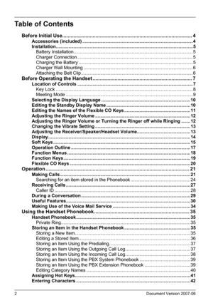 Page 22Document Version 2007-06  
Table of Contents
Before Initial Use.............................................................................................. 4
Accessories (included) ....................................................................................... 4
Installation............................................................................................................ 5
Battery...